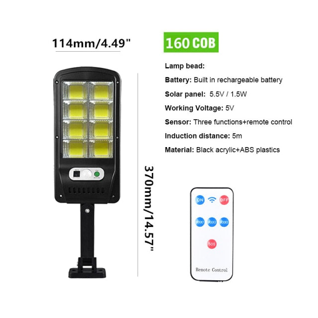 Lâmpada solar de led para áreas externas, lâmpada 120/128/160 cob com sensor de movimento, à prova d'água, segurança para jardim, pátio, caminho e quintal