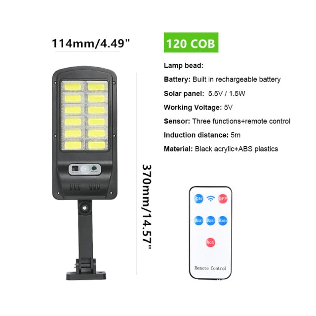 Lâmpada solar de led para áreas externas, lâmpada 120/128/160 cob com sensor de movimento, à prova d'água, segurança para jardim, pátio, caminho e quintal